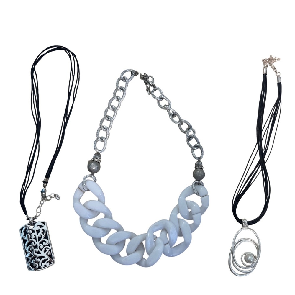 3 Piece Statement Necklace Lot White Chunky Chain Silver Filigree Pendant Set